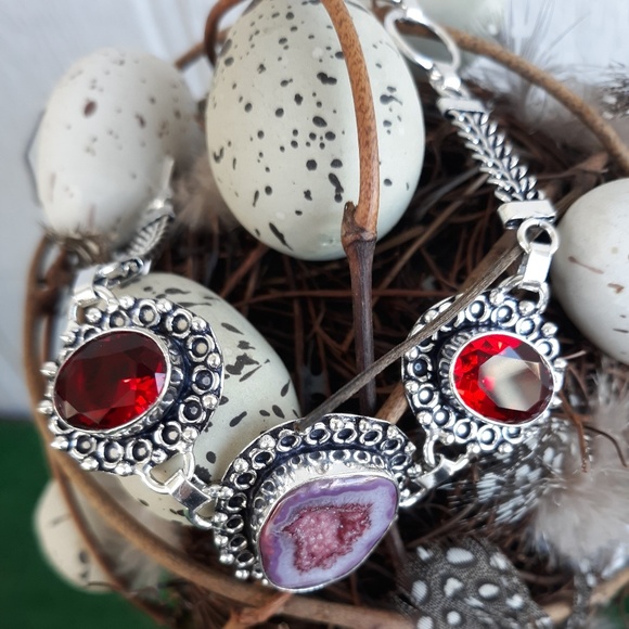 New Agate Druzy and Garnet 925 Silver Bracelet. - Picture 3 of 8